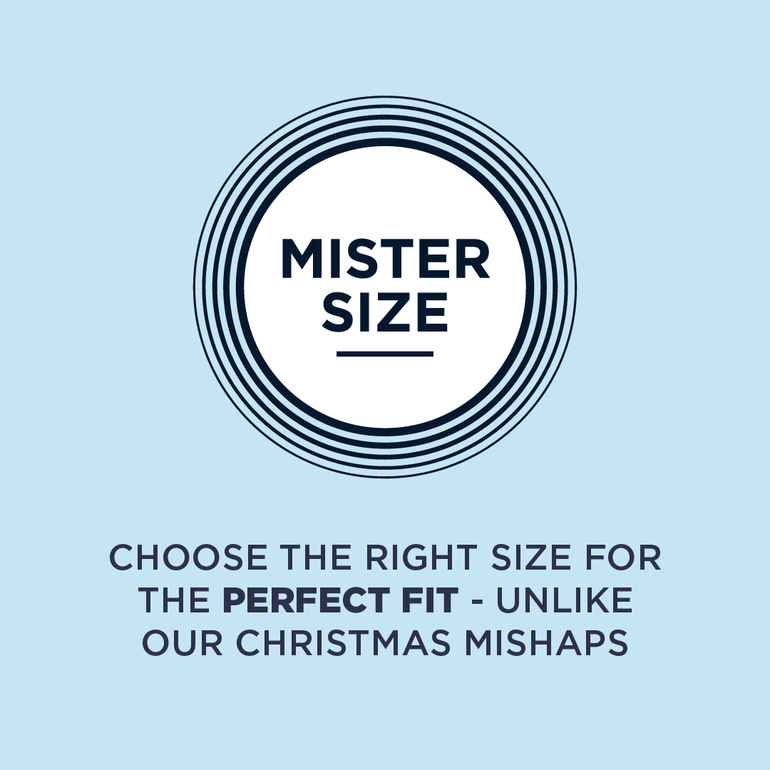 Logo Mister Size z tekstem pod spodem: Wybierz odpowiedni rozmiar dla idealnego dopasowania