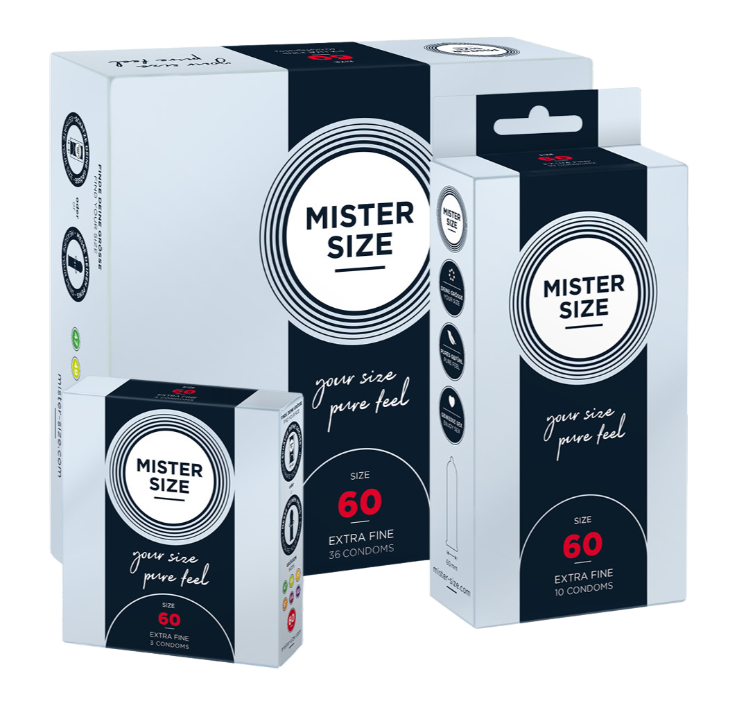 Trzy różne opakowania prezerwatyw Mister Size w rozmiarze 60